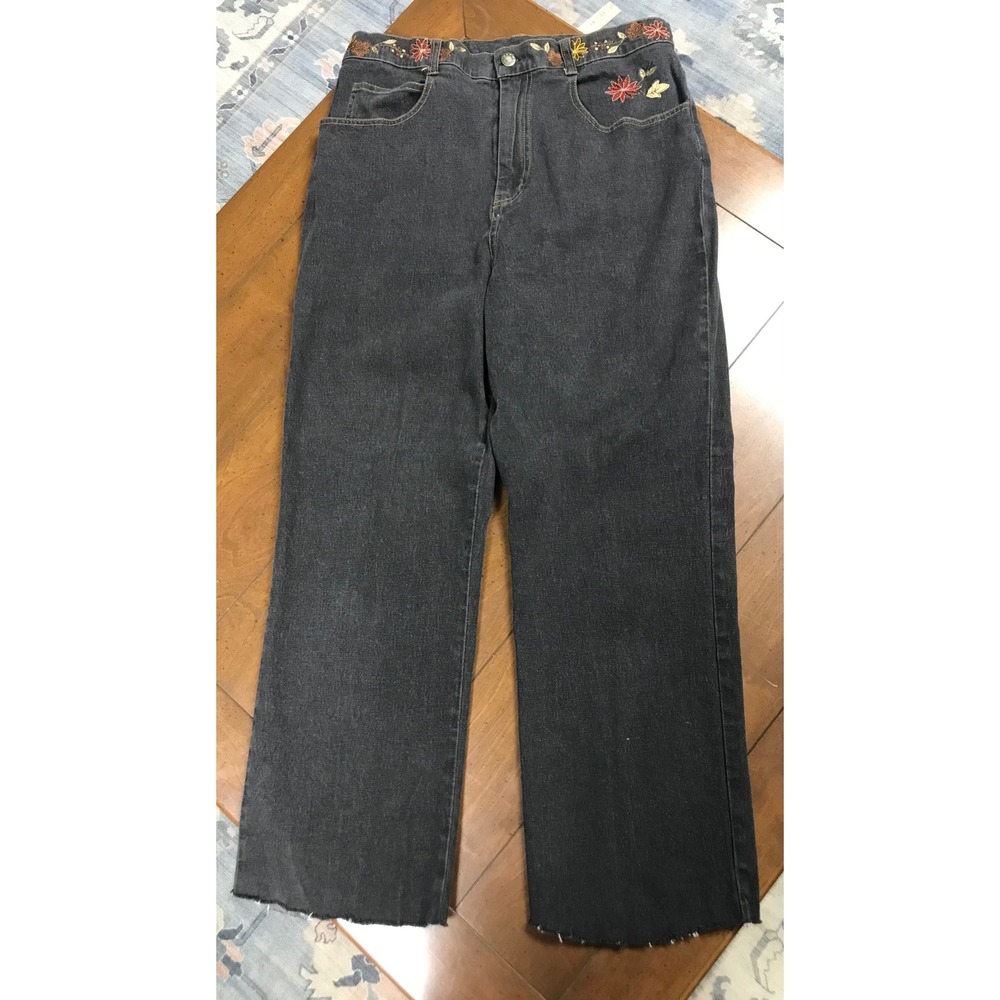 GRAFF WEAR Women's Embroidered Denim Jeans Dark Wash Cropped Raw Hem Size 14